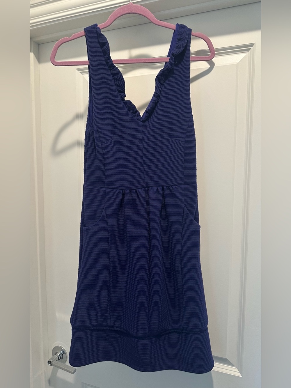 Anthropologie Maeve Ottoman Deep Blue Ruffle V-Neck Sleeveless Dress w Pockets
